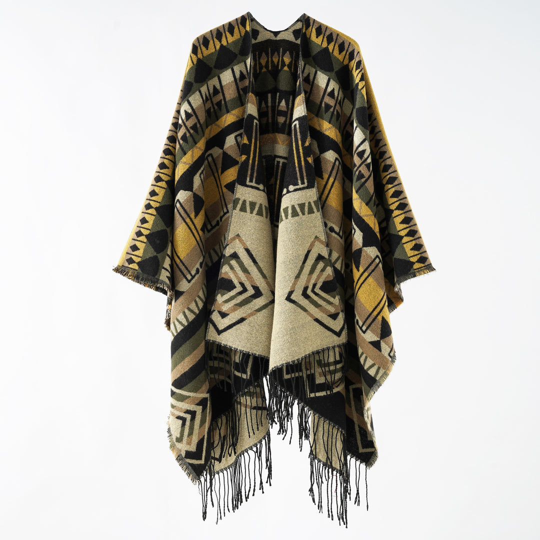 Damen Geometrisch gemusterter Wollmix‑Poncho mit Zipfel und Fransen Drune