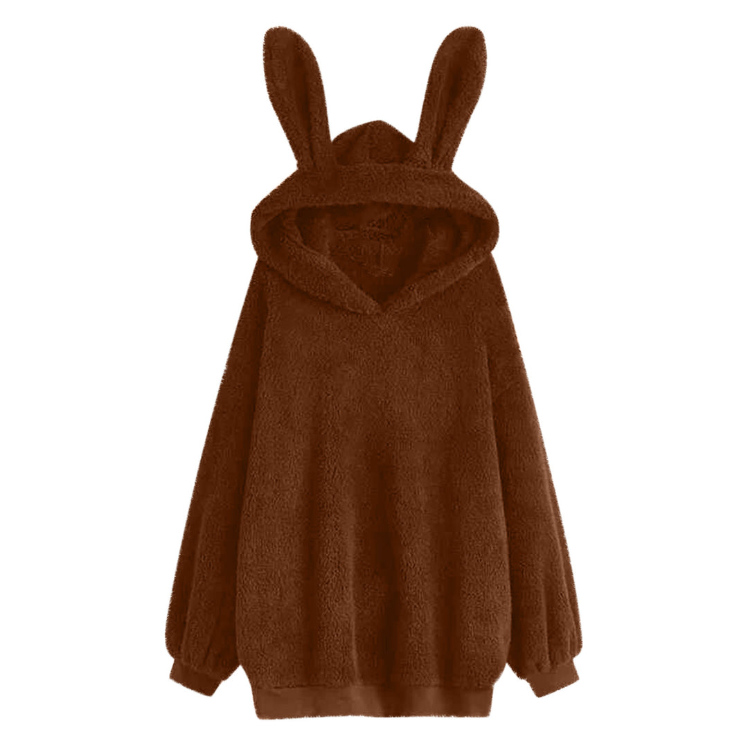 Damen nan flauschiger Oversize-Kapuzenpullover mit langen Hasenohren und gerippten Bündchen Drune