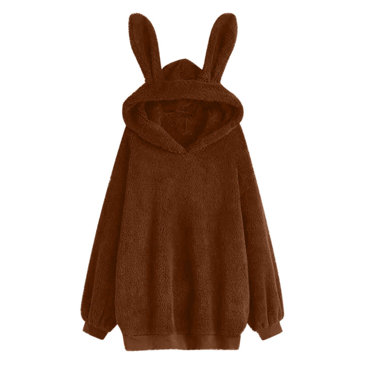 Damen nan flauschiger Oversize-Kapuzenpullover mit langen Hasenohren und gerippten Bündchen Drune