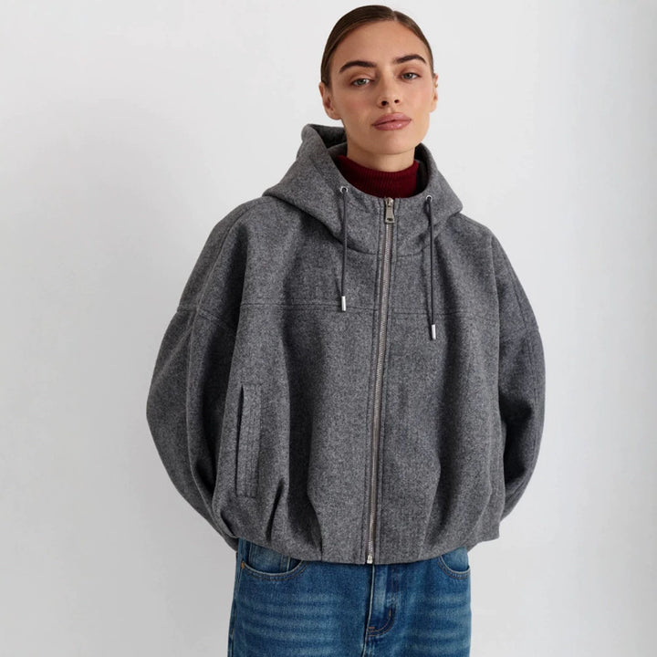 Damen Kurzjacke aus Wollmix mit Kapuze, kastiger Boxy‑Silhouette & gerafftem Saum Drune