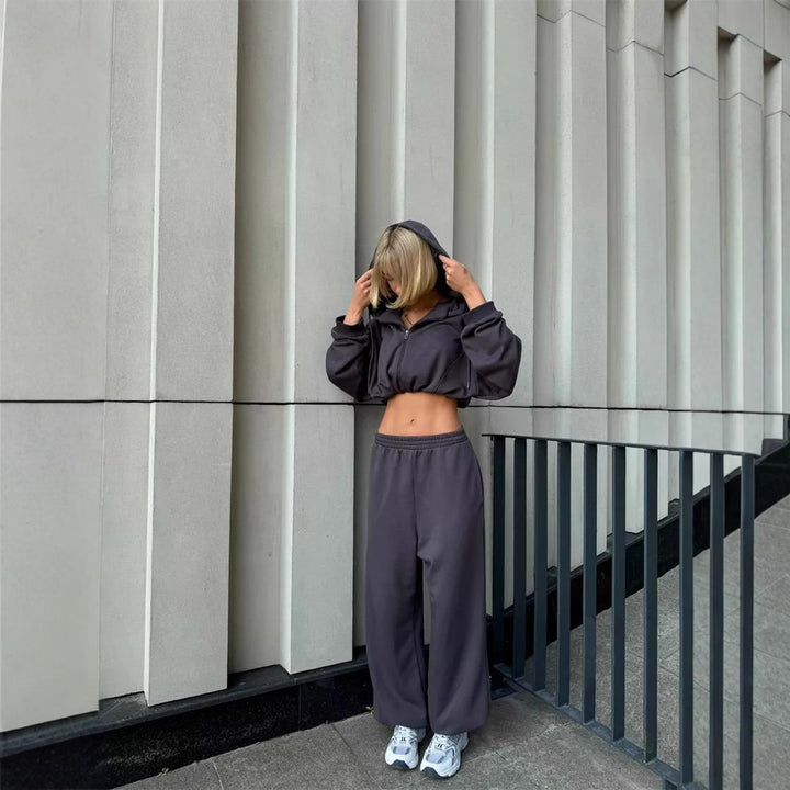 Damen cropped Kapuzenzipper mit Ballonärmeln und elastischem Saum Drune