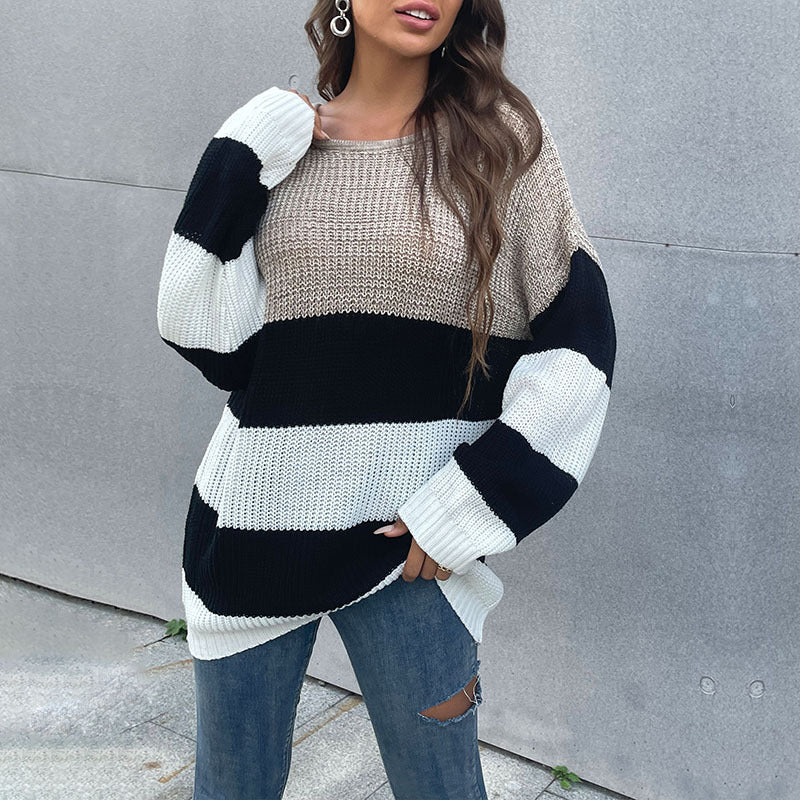 Damen Oversize-Blockstreifen-Pullover aus grobem Strick mit weitem Schnitt Drune