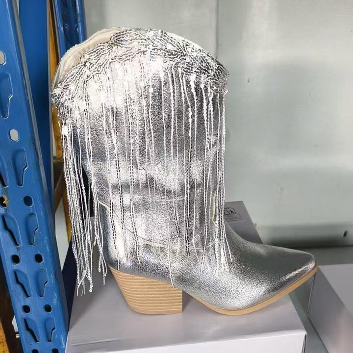 Damen kniehohe Fransen-Cowboystiefel mit feiner Perlenfransen-Verzierung und geformtem Blockabsatz Drune