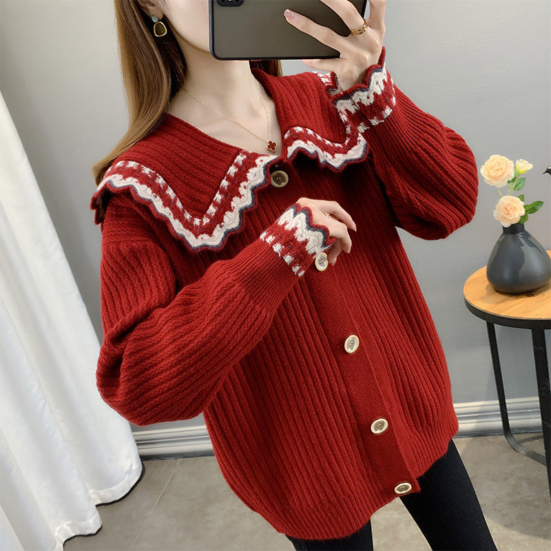 Damen Strickjacke mit kontrastierendem Kragen und Knopfdetails Drune