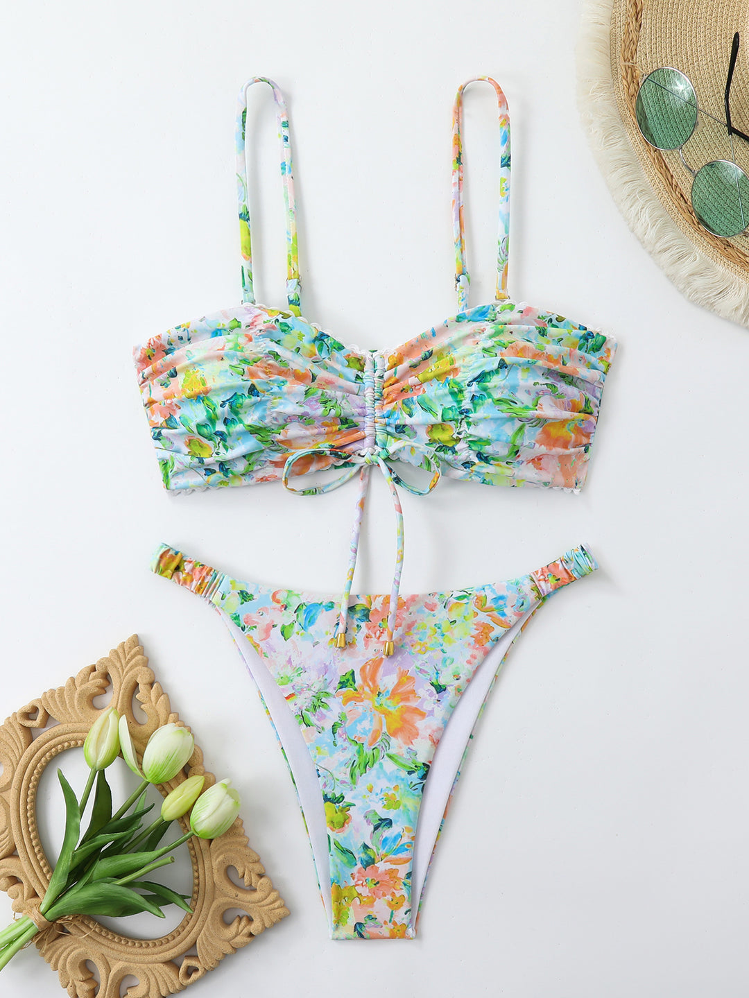 Damen-Bikini-Set mit Raffung und romantischem Blumendesign Drune