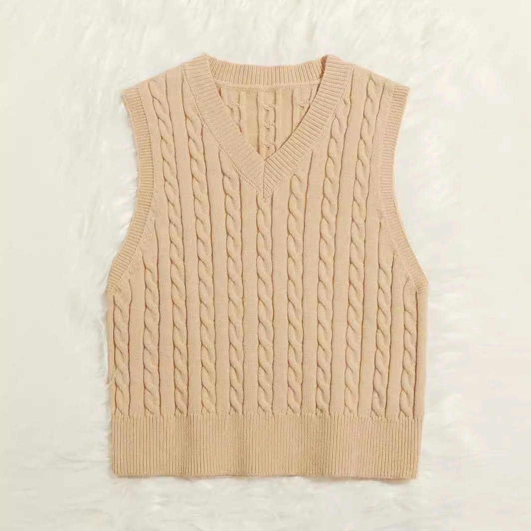 Damen Gestrickte ärmellose Zopfmuster-Pulloverweste mit V-Ausschnitt Drune