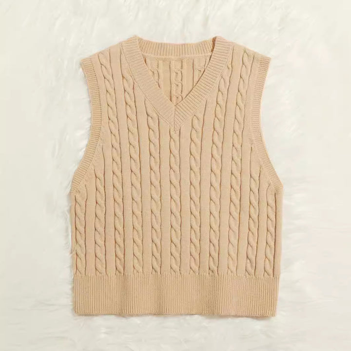 Damen Gestrickte ärmellose Zopfmuster-Pulloverweste mit V-Ausschnitt Drune