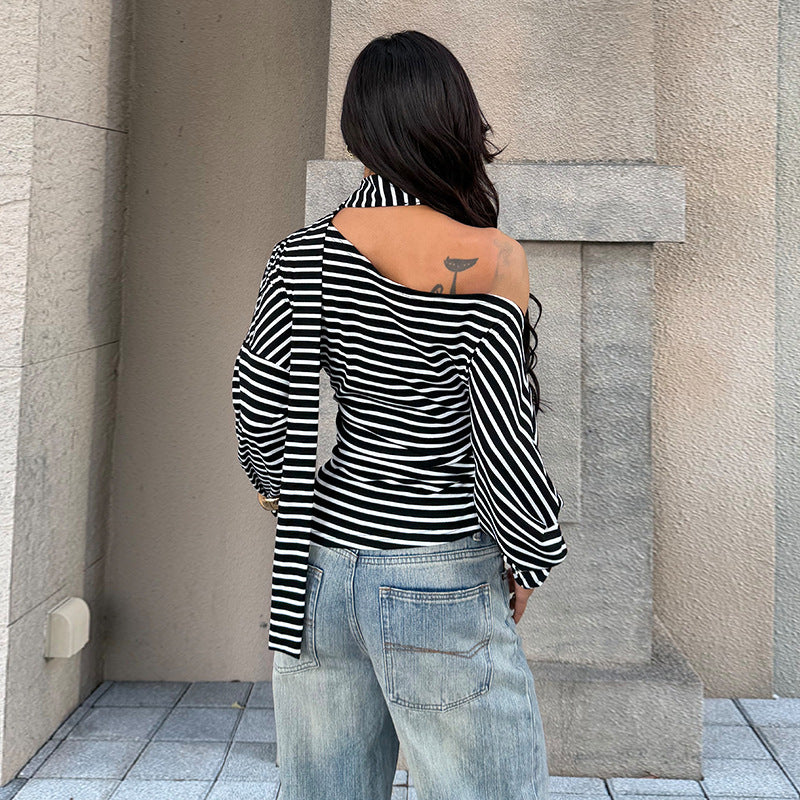 Damen asymmetrisches Streifenoberteil mit schulterfreiem Design und eleganter Schluppe Drune