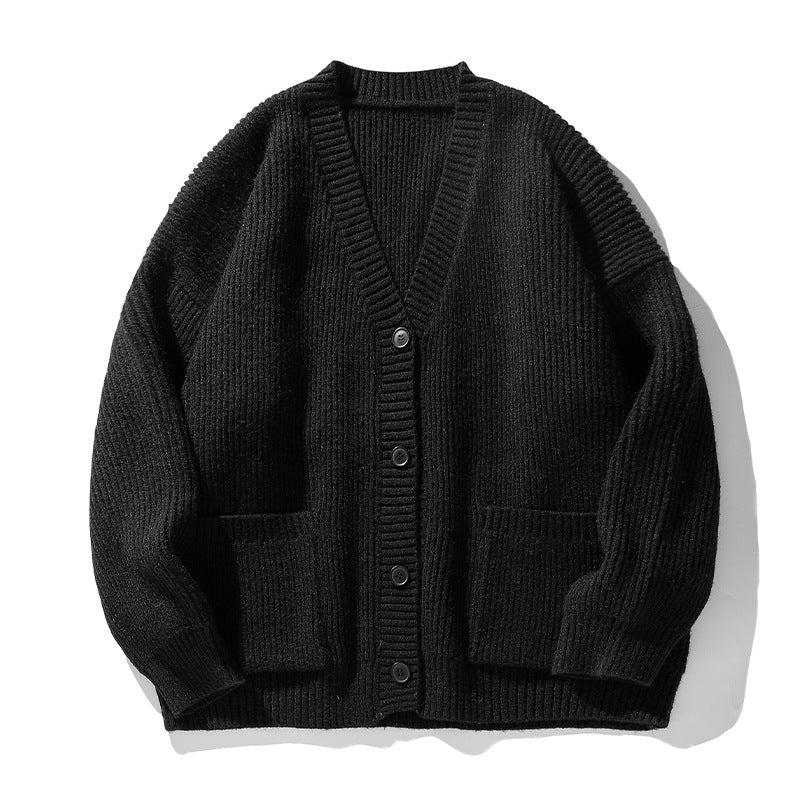 Unisex Grobgestrickter Relaxed-Cardigan mit tiefem V‑Ausschnitt, Kastenform und aufgesetzten Taschen Drune