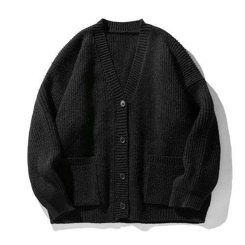 Unisex Grobgestrickter Relaxed-Cardigan mit tiefem V‑Ausschnitt, Kastenform und aufgesetzten Taschen Drune
