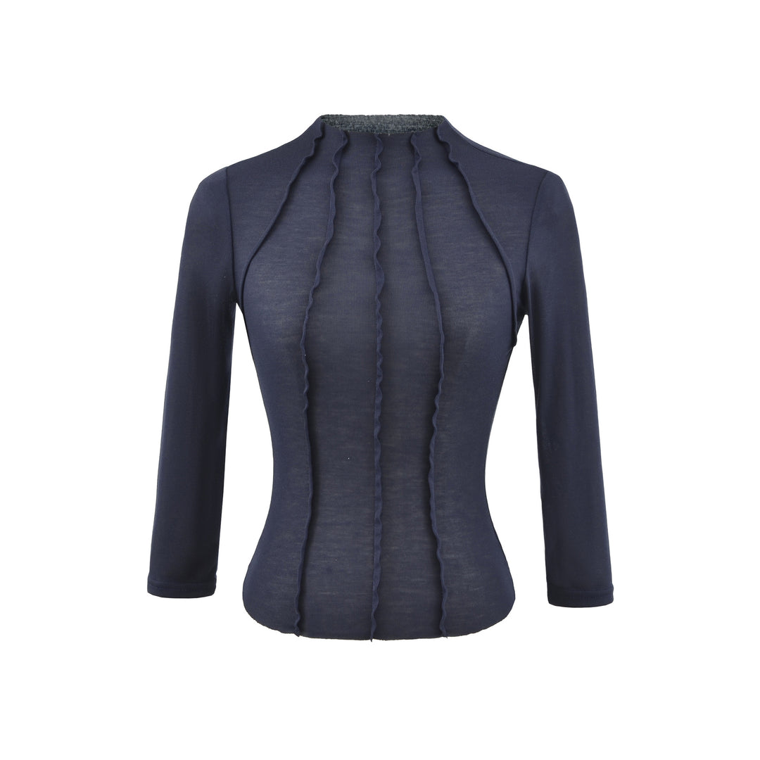 Damen Figurbetontes Langarmshirt mit Stehkragen und Zier-Volants Drune