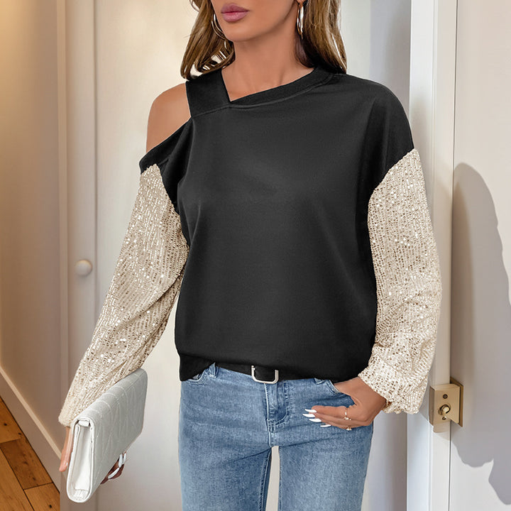 Damen Asymmetrisches Sweatshirt mit Schulterauschnitt und Paillettenstrickärmeln Drune