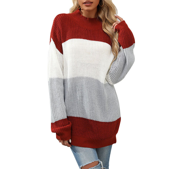 Damen Modischer Strickpullover mit hohem Kragen und Blockstreifen Drune