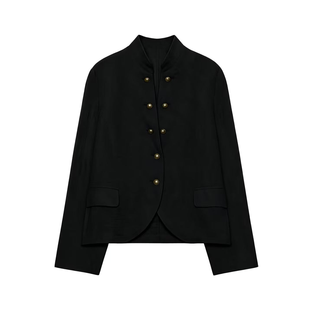 Damen Elegante Kurzjacke mit Stehkragen, Zierriegelknöpfen und Pattentaschen Drune