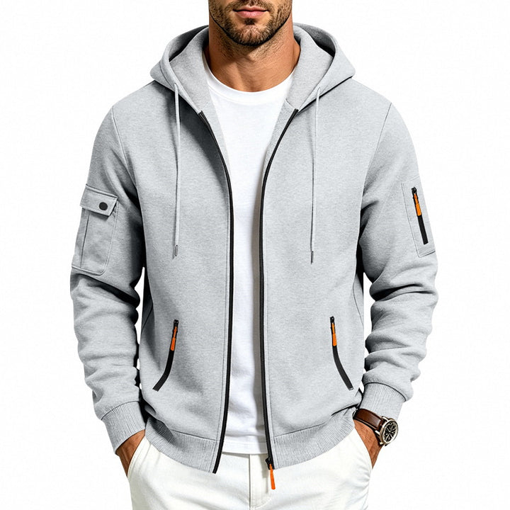 Herren Kapuzen-Reißverschlussjacke mit Ärmeltaschen, Kontrast-Zipper und Rippbündchen Drune