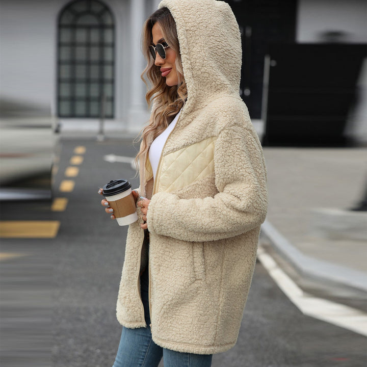 Damen Plüschige Oversize-Jacke mit Kapuze und Steppdetails Drune