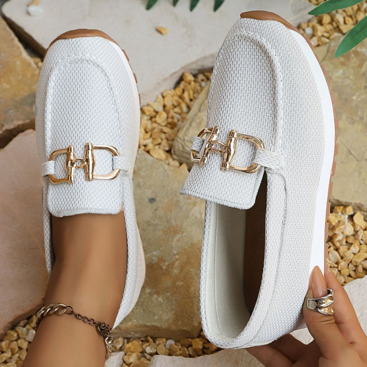 Damen Atmungsaktive Mesh-Slipper-Loafer mit goldfarbener Schnallendekor und leichter Gummisohle Drune