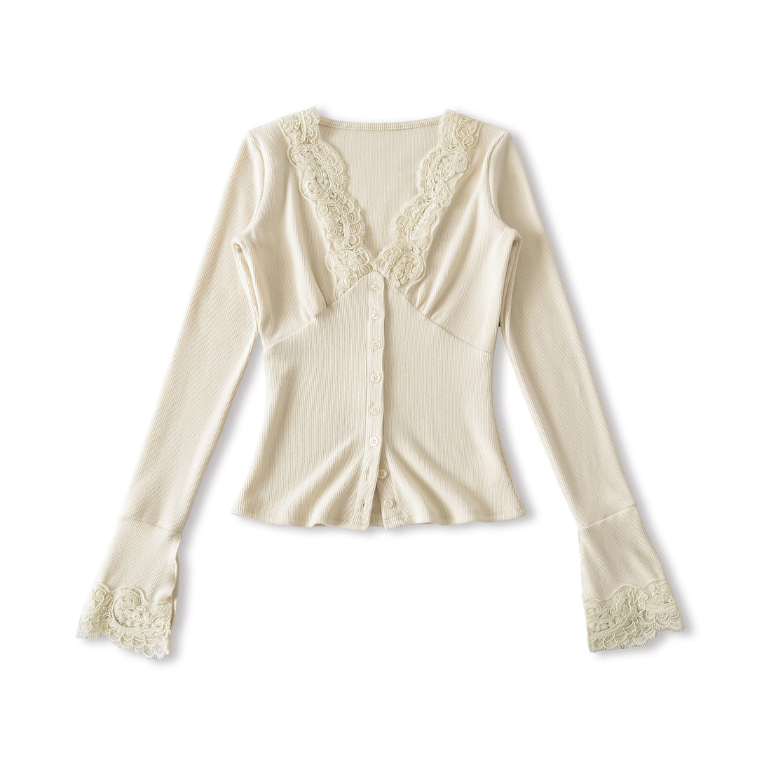 Damen Langarmshirt mit femininem Spitzenkragen und Knopfdetail Drune