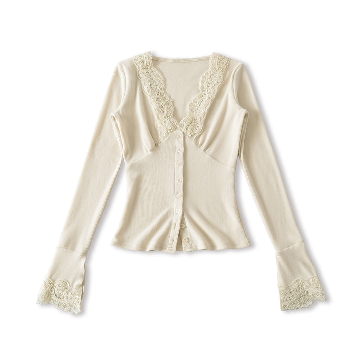 Damen Langarmshirt mit femininem Spitzenkragen und Knopfdetail Drune