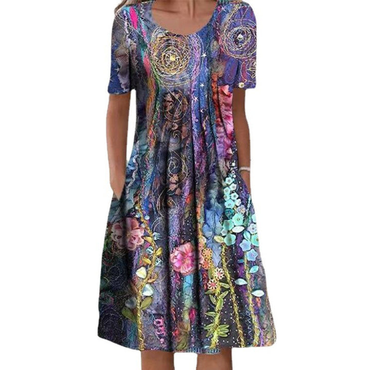 Frauen Mehrfarbige A-Linien Midi Kleid mit Taschen und Abstraktem Blumenmuster Drune
