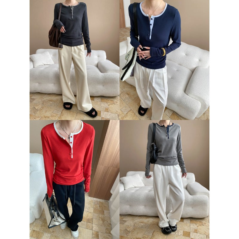 Damen Langarm-Henley-Shirt mit modischer Knopfleiste und weichem Material Drune