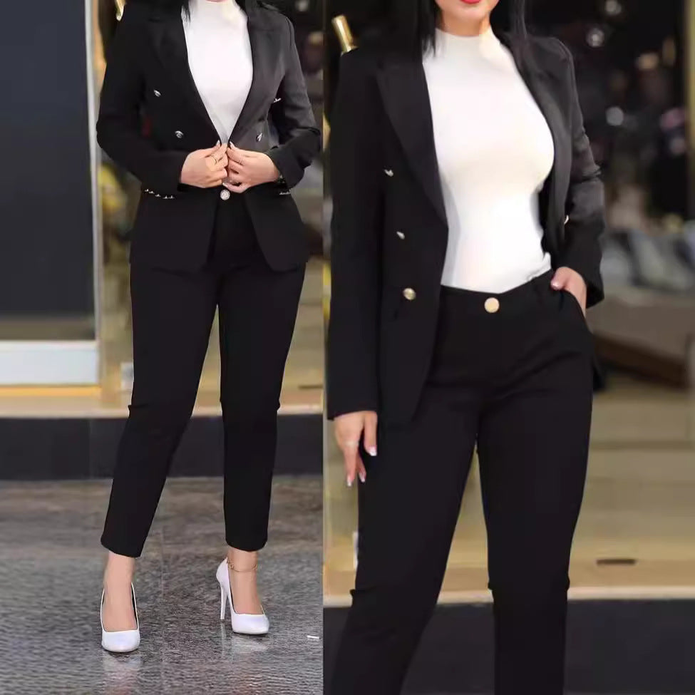 Damen moderner Blazer-Hosenanzug mit exklusiven Knopfdetails Drune