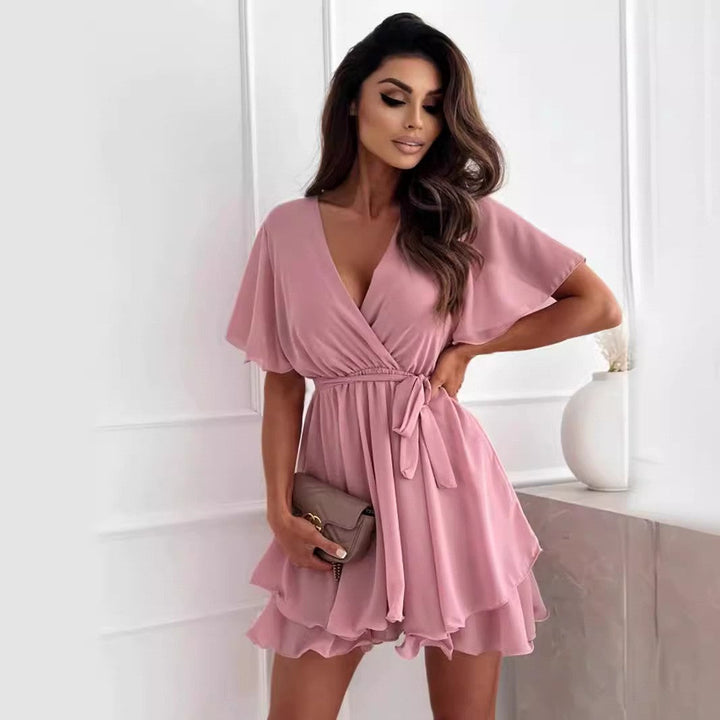 Damen luftiges Wickelkleid mit V-Ausschnitt und schwingendem Rock Drune