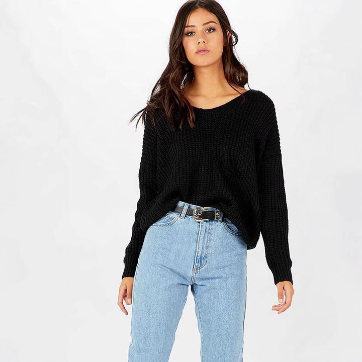 Damen lässiger Grobstrickpullover mit weitem Schnitt und V-Ausschnitt Drune