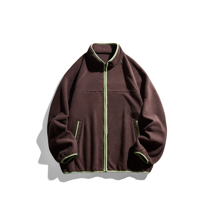 Unisex Fleecejacke mit durchgehendem Reißverschluss im Oversize-Boxy-Schnitt, Stehkragen und Kontrastpaspel Drune