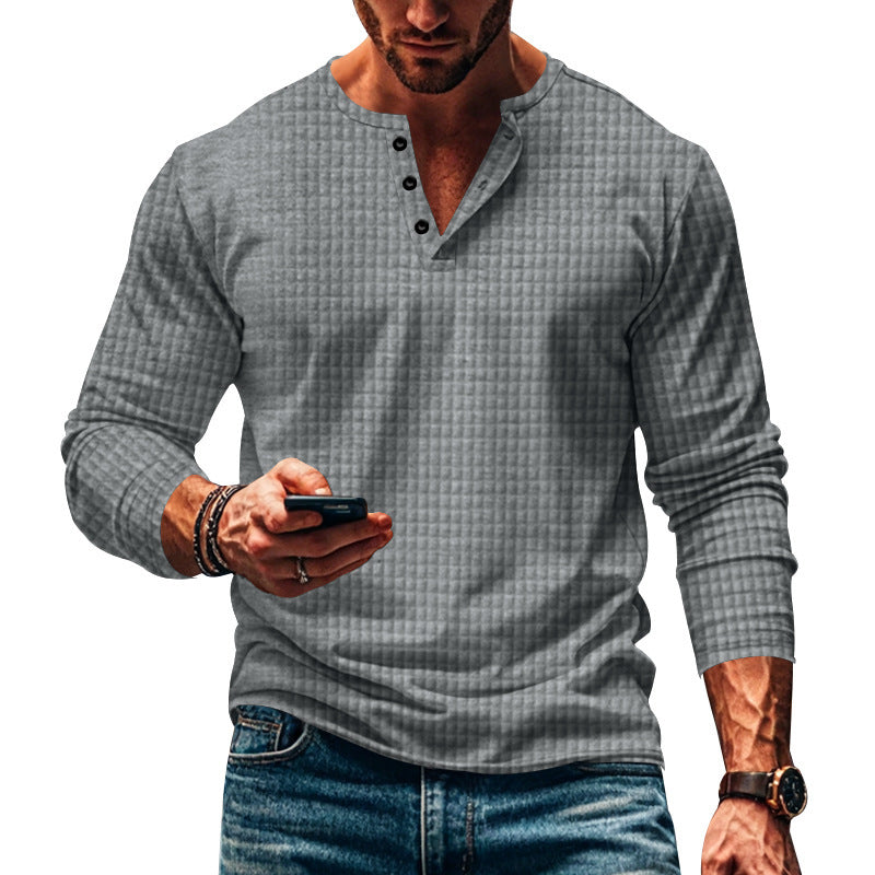 Herren nan figurbetontes Langarmshirt mit Rundhals-Knopfleiste und Waffelstruktur Drune