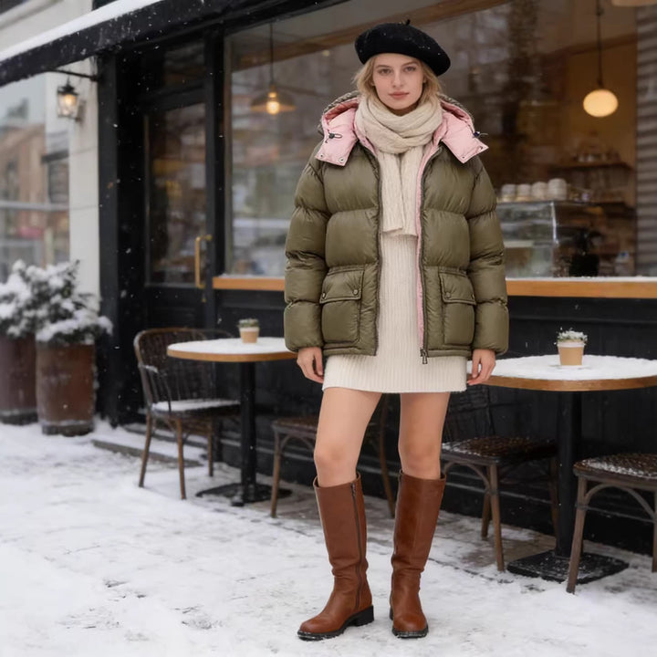 Damen Gefütterte Steppjacke mit XXL‑Kapuze und aufgesetzten Pattentaschen Drune