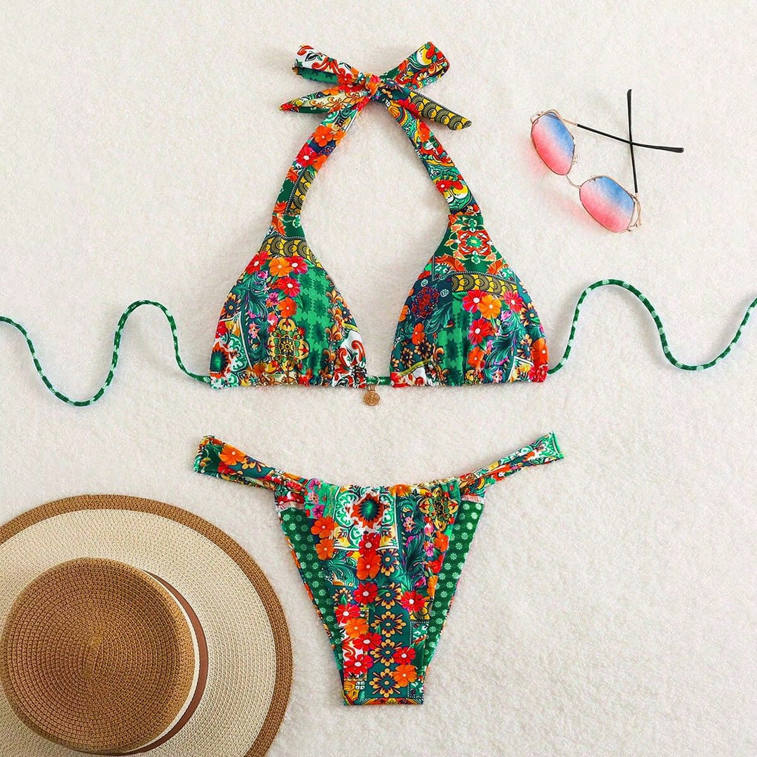 Damen Triangel-Bikini mit floralen Mustern und verspielten Bindebändern Drune