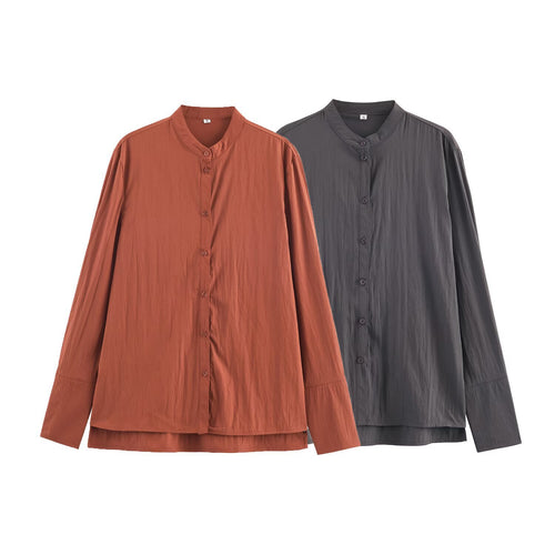 Damen Oversize Hemdbluse mit Mandarinkragen und durchgehender Knopfleiste Drune