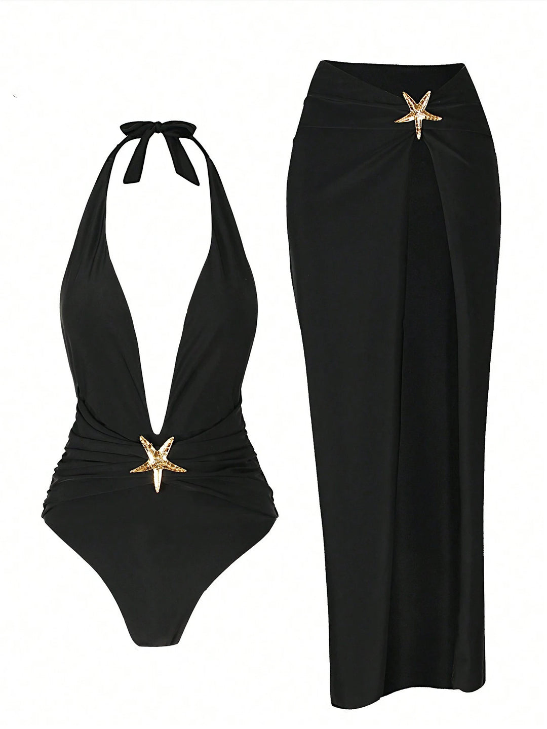 Damen elegantes Maxi-Kleid mit tiefem V-Ausschnitt und goldenen Details Drune