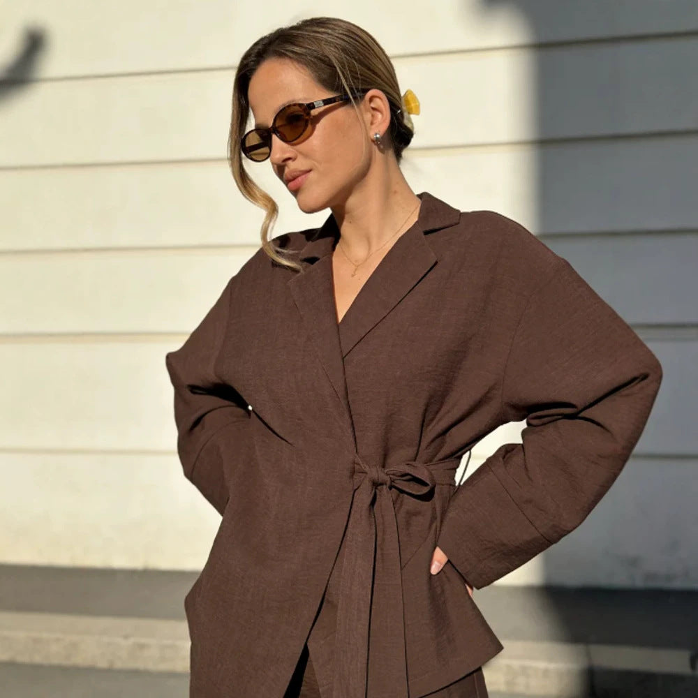 Damen Wickel-Blazer mit Bindegürtel, lässigem Oversize‑Schnitt und Reverskragen Drune