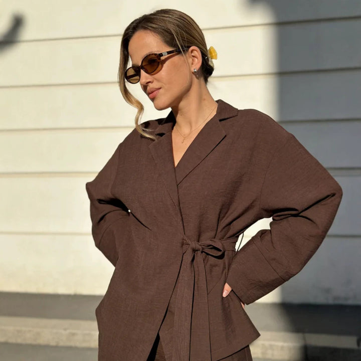 Damen Wickel-Blazer mit Bindegürtel, lässigem Oversize‑Schnitt und Reverskragen Drune