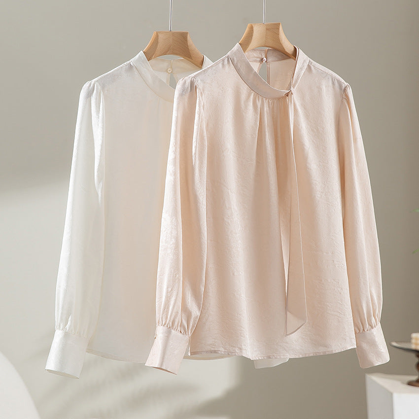 Damen Elegante Satin-Bluse mit Schluppe und feiner Jacquard-Struktur Drune