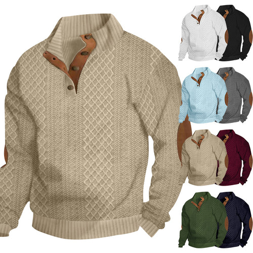 Herren nan grober Zopfstrick Troyer mit Knopfleiste und Veloursleder-Ellenbogenpatches Drune