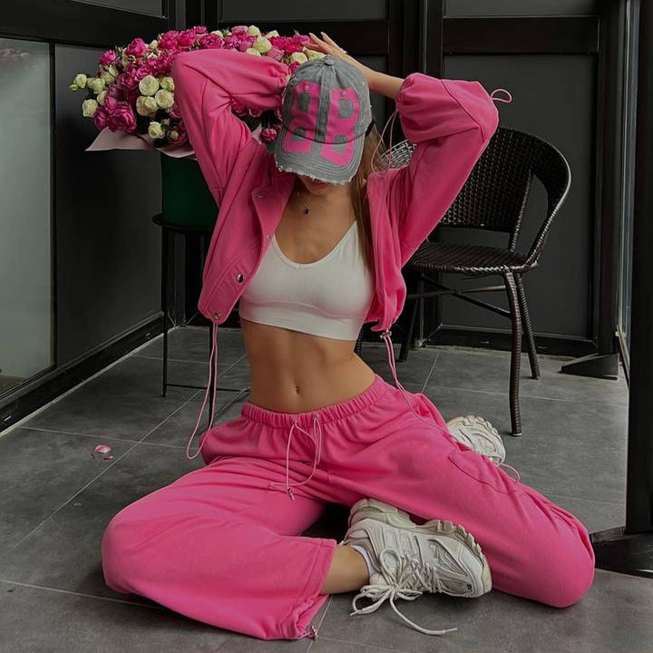 Damen lässiges Zweiteiler-Hoodie-Set mit verlängerter Kapuzenjacke und hochgeschnittener Taillen-Jogginghose Drune