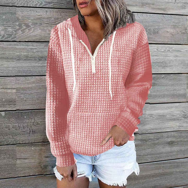 Damen Waffelstruktur Kapuzenpullover mit Halbzip, Kängurutasche und lässigem Oversize‑Schnitt Drune