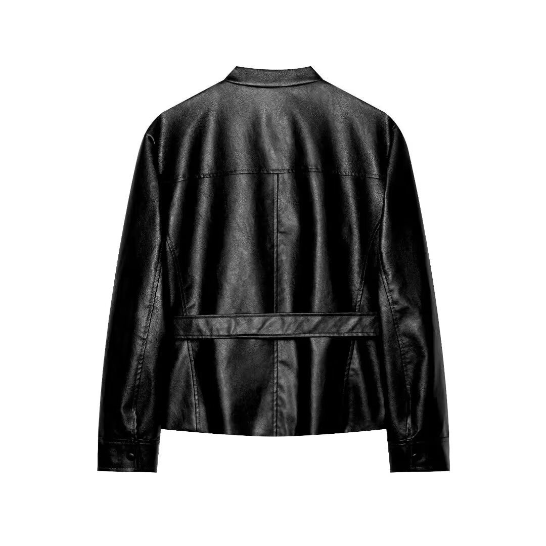 Damen Cropped Safari‑Jacke aus veganem Leder mit Bindegürtel und Epauletten Drune
