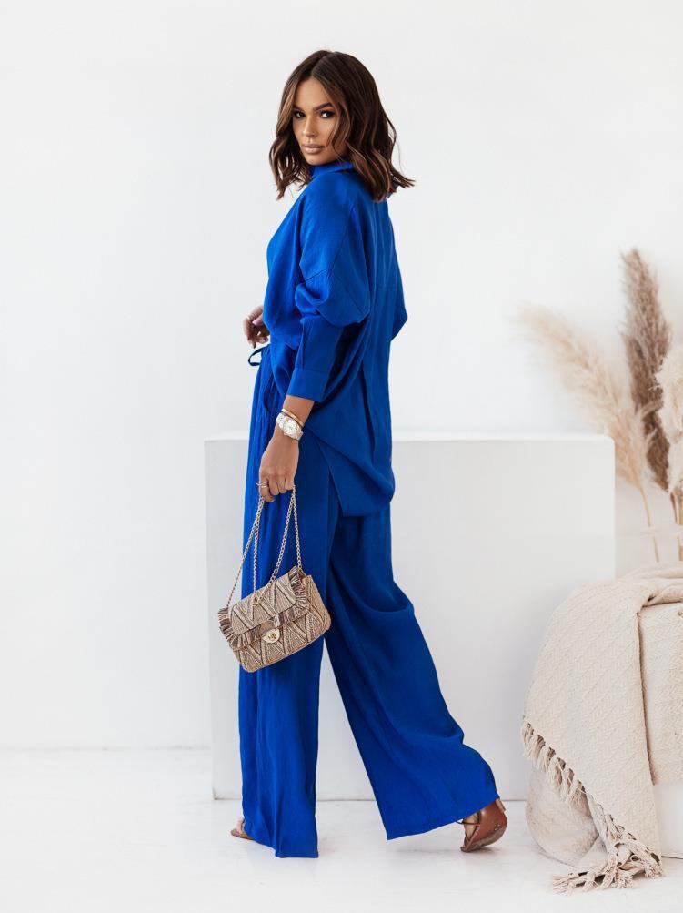 Damen luftiges Zweiteiliges Set aus Hemd und Hose mit Taillenknoten Drune