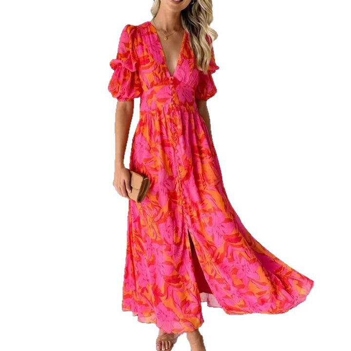 Damen Maxikleid mit floralem Design, tiefem V-Ausschnitt und seitlichem Schlitz Drune