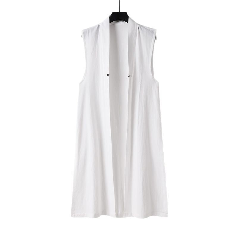 Damen Langer ärmelloser Kimono-Weste aus Leinenmix mit schmaler Schalkante und dekorativem Knebelverschluss Drune
