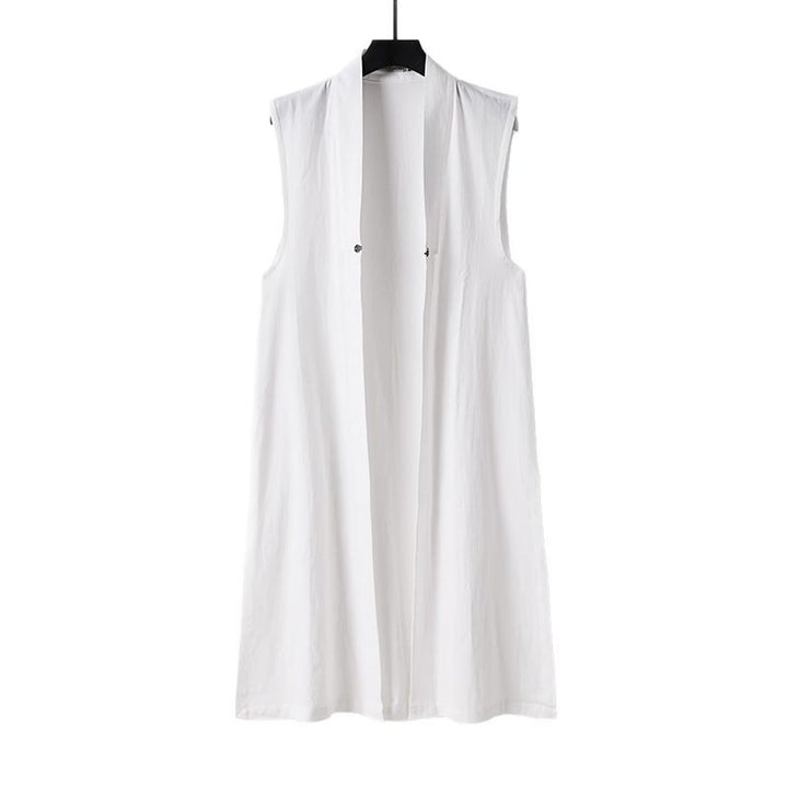 Damen Langer ärmelloser Kimono-Weste aus Leinenmix mit schmaler Schalkante und dekorativem Knebelverschluss Drune