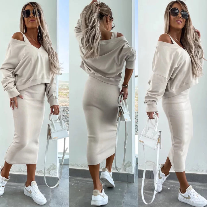 Damen weiches geripptes Lounge-Set mit Oversize-Viskoseshirt und High-Waist Schlaghose Drune