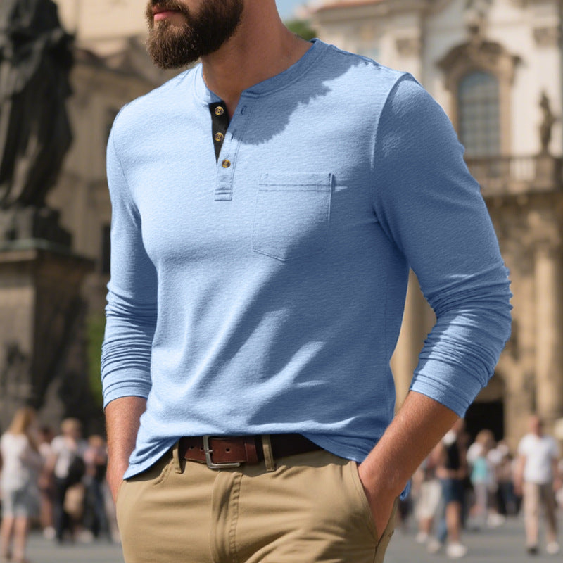 Herren nan schmal geschnittenes Henleyshirt mit Brusttasche und kontrastierender Knopfleiste Drune