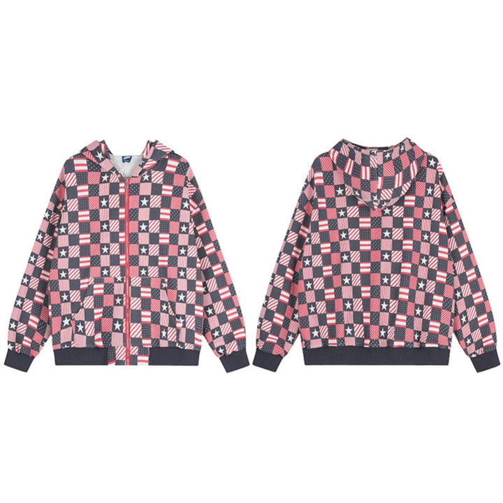 Damen Zip-Kapuzenjacke mit Allover-Patchwork-Sternen- und Streifenmuster Drune