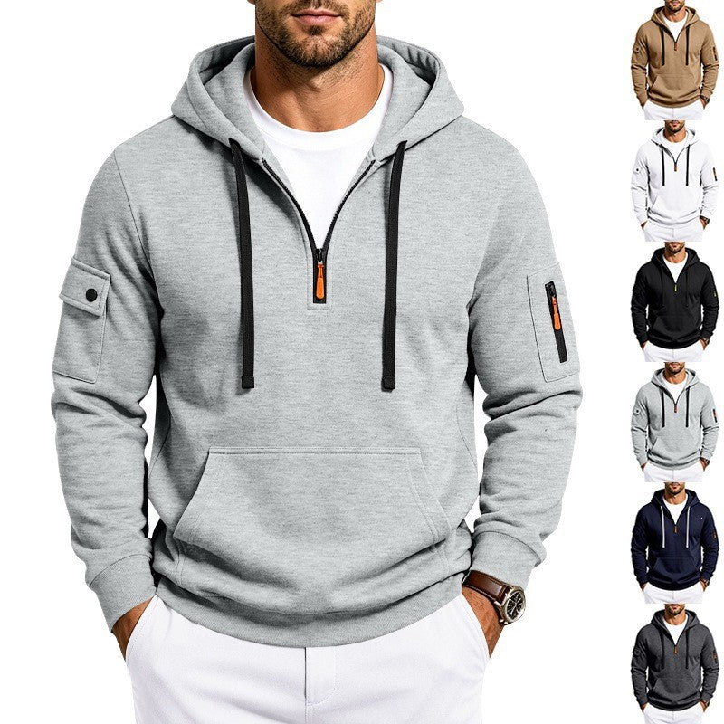 Herren Kapuzenpullover mit Halbzip, Utility-Ärmeltaschen und Kängurutasche Drune