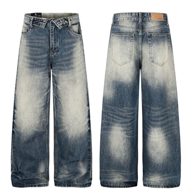 Damen Weite hochgeschnittene Jeanshose im Palazzo‑Schnitt mit Used‑Waschung Drune